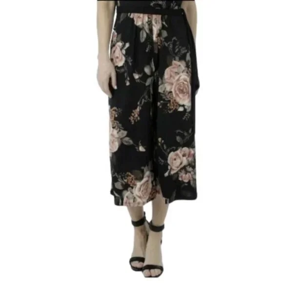 NEW Artizan Robin Barre Black Pink Floral Crop Stretch Jumpsuit Size Large (2D) - Picture 2 of 6